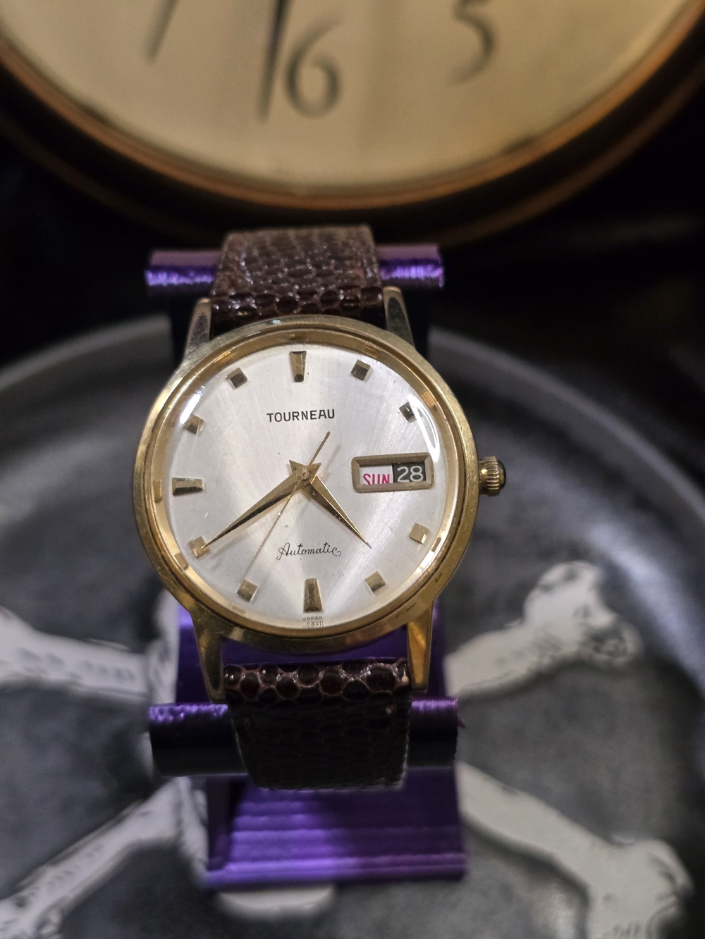 Vintage Tourneau Automatic Men's Watch with Brown Leather Strap